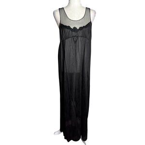 Vintage 70s Paramount Sheer Nylon Nightgown Large Black Polka Dot Mesh Empire